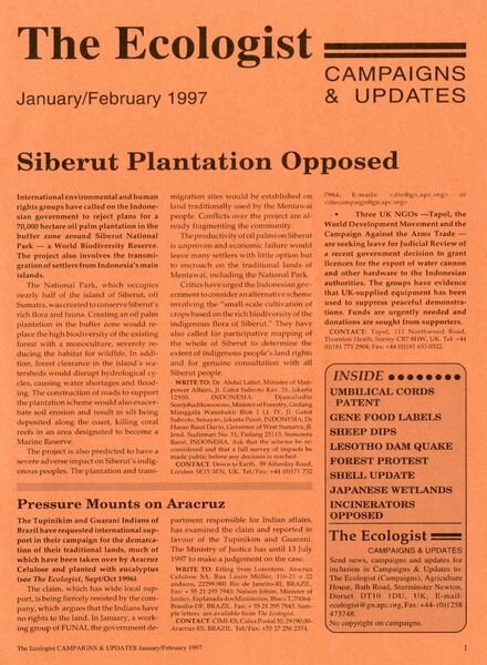 Resurgence & Ecologist – Campaigns & News January-February 1997