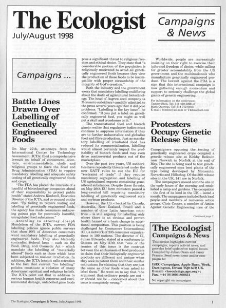 Resurgence & Ecologist — Campaigns & News July-August 1998